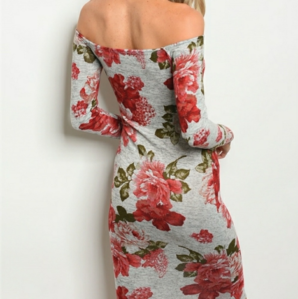 "Heather" Gray Off Shoulder Floral Dress🌸 - Picture 2 of 2